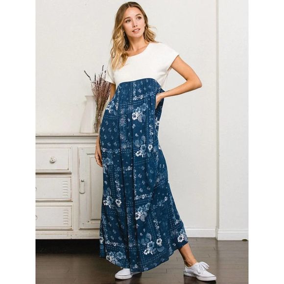 Blue Short Sleeve Floral Colorblock Maxi Dress - Picture 2 of 4